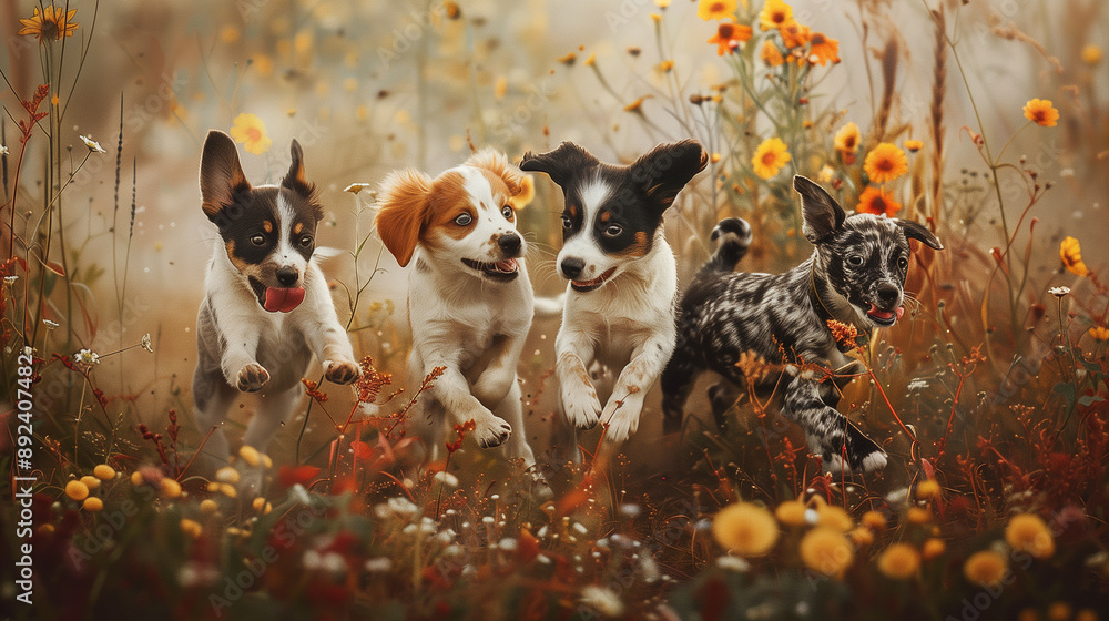 Four dogs are running through a field of flowers. The dogs are all different colors and sizes, and they seem to be having a great time playing together. The field is filled with yellow flowers Four dogs are running through a field of flowers. The dogs are all different colors and sizes, and they seem to be having a great time playing together. The field is filled with yellow flowers