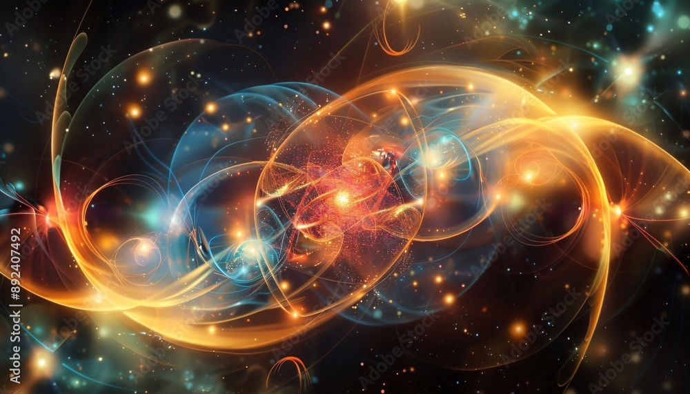 Obraz premium Abstract representation of quantum physics with overlapping geometric shapes and vibrant colors, quantum, physics