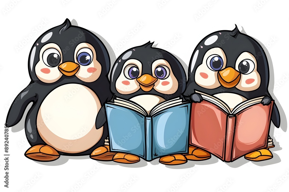 Fototapeta premium Adorable Penguin Characters Reading Books on White Background for Sticker Design
