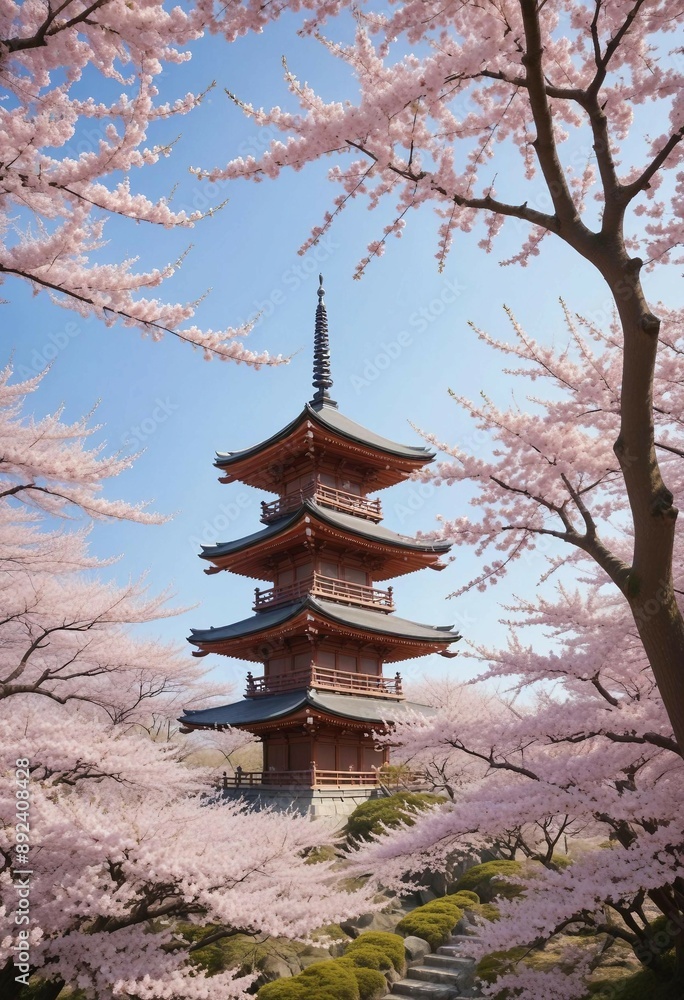 Fototapeta premium Traditional Japanese pagoda surrounded by cherry blossoms in full bloom, with soft, diffused morning light and a clear blue sky