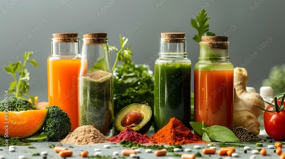 Assortment of Healthy Food Supplements and Fresh Vegetable Juices on Display Assortment of Healthy Food Supplements and Fresh Vegetable Juices on Display
