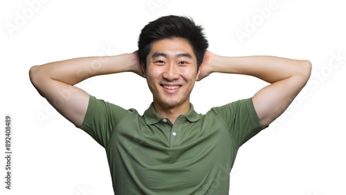 Smiling Man With Hands Behind His Head in Green Polo Shirt