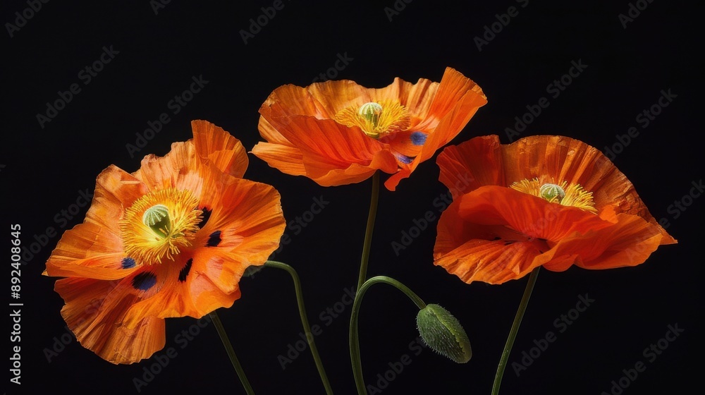 Fototapeta premium Bold and Beautiful: Vibrant Orange Poppies Popping on Solid Black Background