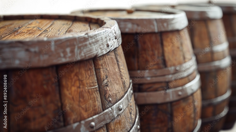 Row of wooden barrels stacked together Row of wooden barrels stacked together