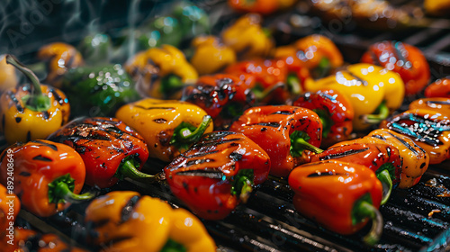 Colorful variety of fresh peppers being char-grilled photo