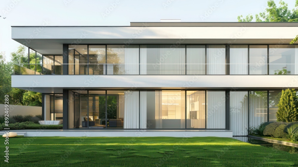 Elegant, minimalist suburban home with a focus on vertical lines, featuring expansive windows and a well-maintained lawn Elegant, minimalist suburban home with a focus on vertical lines, featuring expansive windows and a well-maintained lawn
