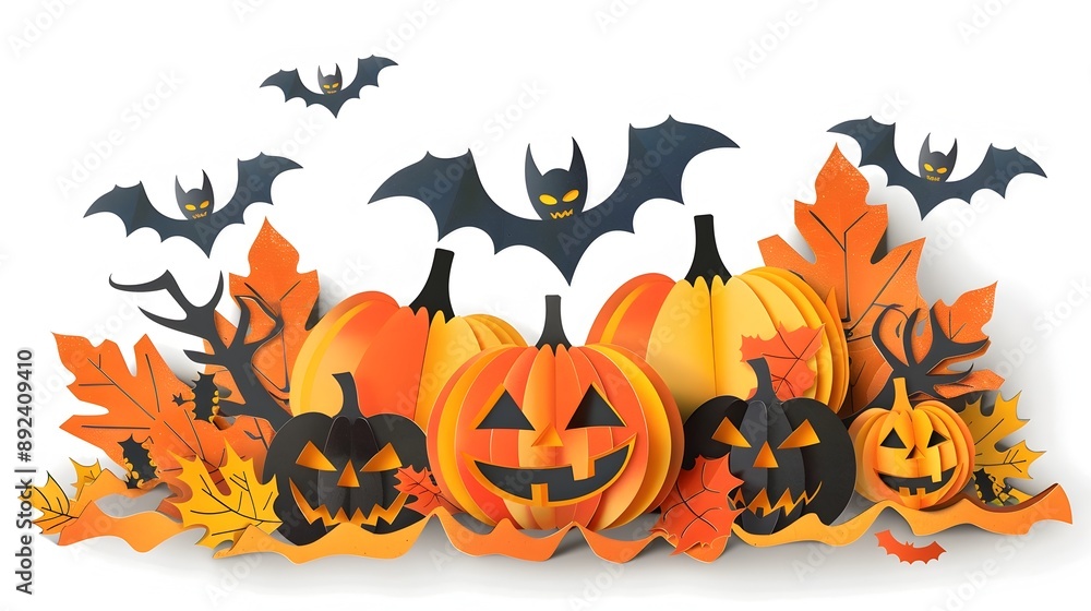 Halloween Decor Crafts with Paper Pumpkins Bats and Autumn Leaves on White Background Halloween Decor Crafts with Paper Pumpkins Bats and Autumn Leaves on White Background