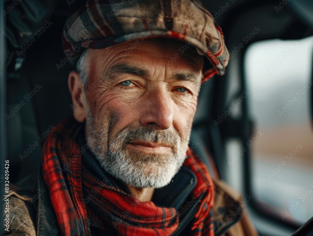 A person dressed warmly sits inside a vehicle A person dressed warmly sits inside a vehicle