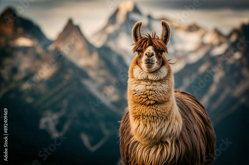 A Llama With a Thick Brown Coat Standing on a Mountain With Snow-Capped Mountains in the Background. photo