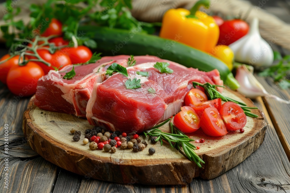 fresh red meat with vegetables on wood - generative ai fresh red meat with vegetables on wood - generative ai