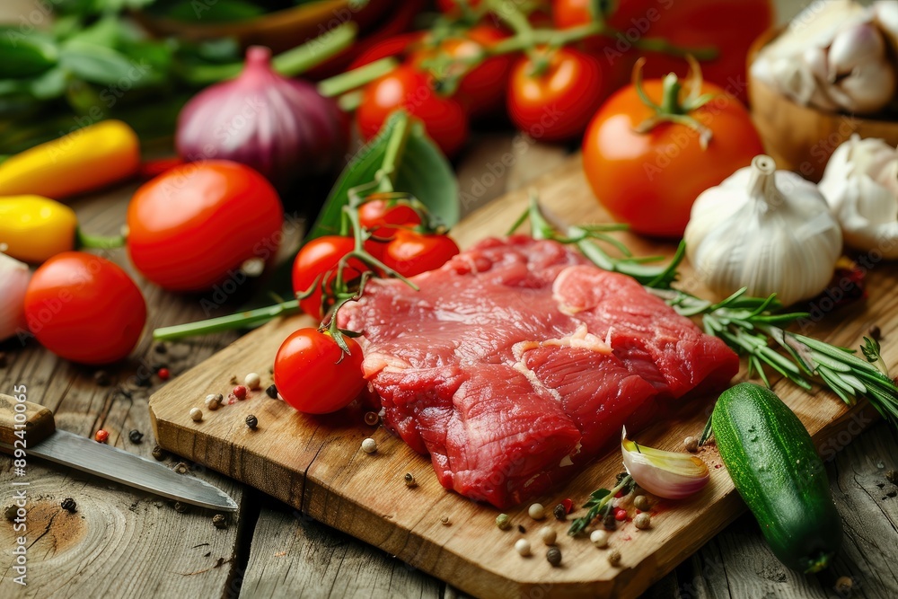 fresh red meat with vegetables on wood - generative ai fresh red meat with vegetables on wood - generative ai