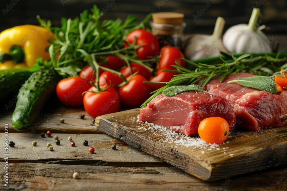 fresh red meat with vegetables on wood - generative ai fresh red meat with vegetables on wood - generative ai