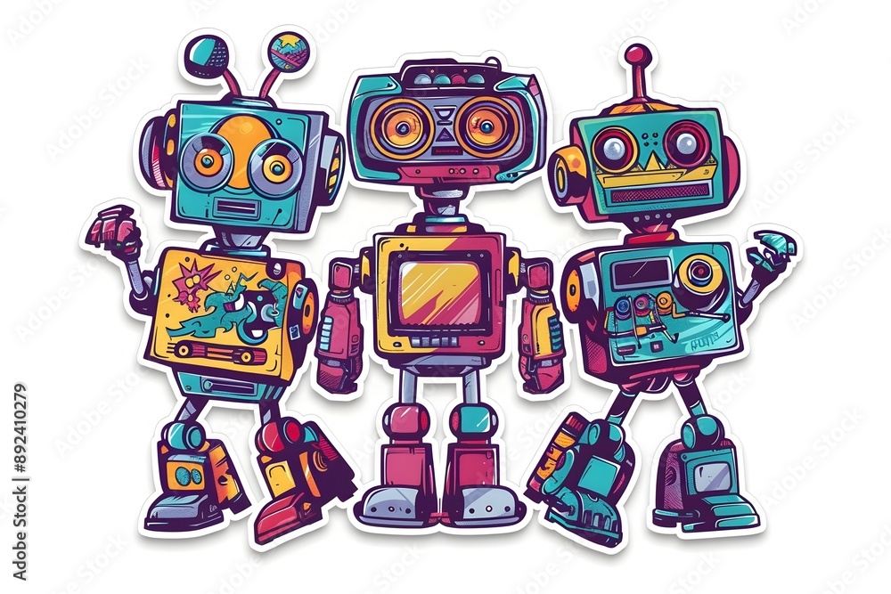 Joyful Robotic Characters Celebrating a Summer Music Festival in Vibrant Sticker Design Joyful Robotic Characters Celebrating a Summer Music Festival in Vibrant Sticker Design