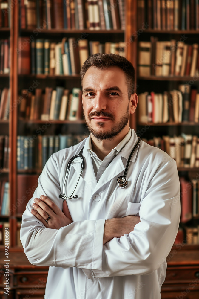 Portrait of an experienced European doctor in a robe, surrounded by bookshelves Portrait of an experienced European doctor in a robe, surrounded by bookshelves