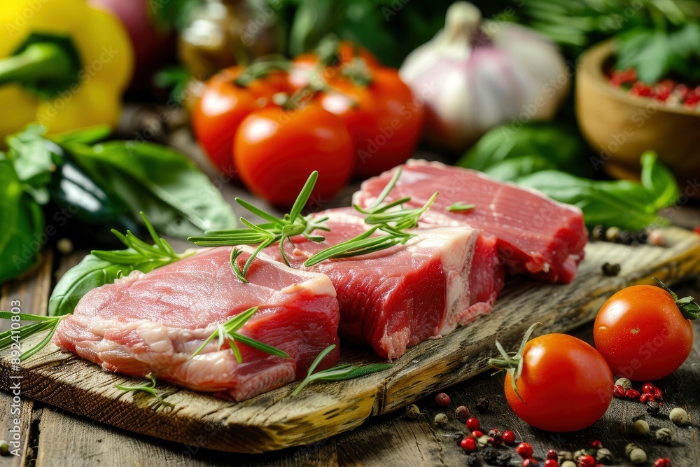 fresh red meat with vegetables on wood - generative ai fresh red meat with vegetables on wood - generative ai