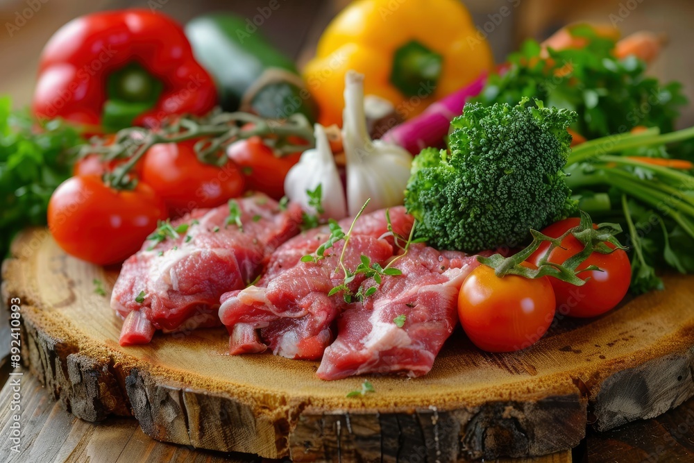 fresh red meat with vegetables on wood - generative ai fresh red meat with vegetables on wood - generative ai