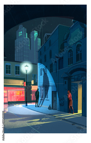 Moody London street by night with man and woman and a sense of menace 