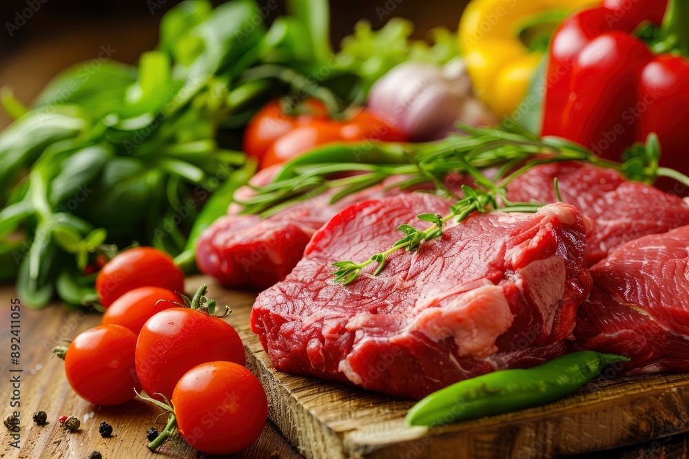 fresh red meat with vegetables on wood - generative ai fresh red meat with vegetables on wood - generative ai