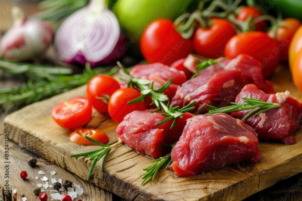 fresh red meat with vegetables on wood - generative ai fresh red meat with vegetables on wood - generative ai