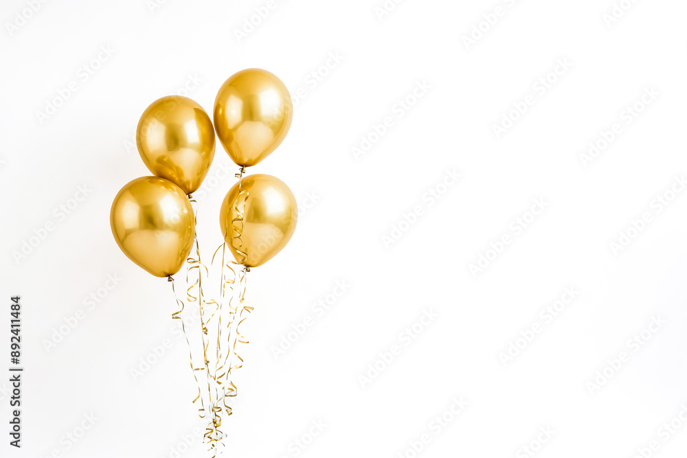 Gold Balloons with Ribbons on White Background Gold Balloons with Ribbons on White Background