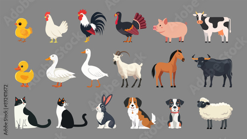 Farm animals and pets. Flat vector illustrations set. Stylized cartoon animal characters collection. Minimalistic style