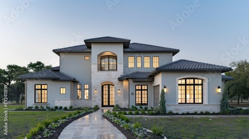 Front view of a luxury suburban home with a minimalist approach, featuring clean lines and a neutral color palette Ensure room for text