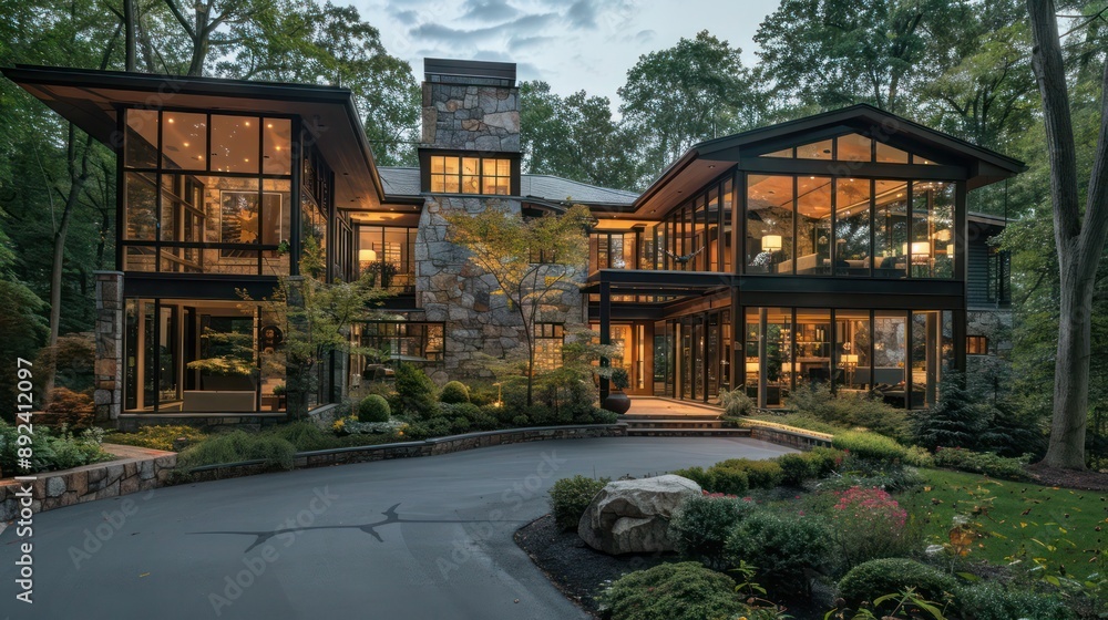 Front view of a luxury suburban home with expansive glass walls and a hidden driveway, nestled among mature trees Front view of a luxury suburban home with expansive glass walls and a hidden driveway, nestled among mature trees