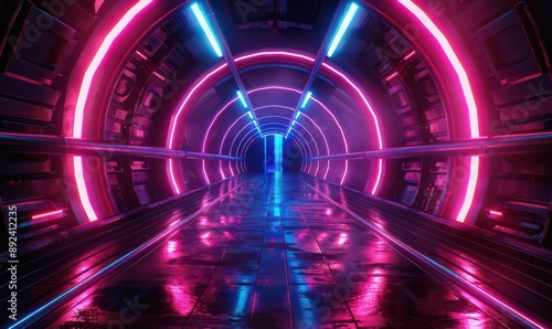 A neon-lit, grungy tunnel with futuristic vibes and glowing lights.