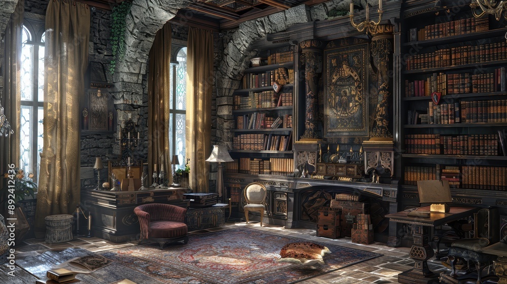 Fototapeta premium A medieval fantasy study room with stone walls, tapestry curtains, and antique furniture.