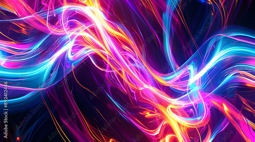 Vibrant abstract image featuring dynamic neon light trails in shades of pink, blue, yellow, and orange, creating a sense of motion. Vibrant abstract image featuring dynamic neon light trails in shades of pink, blue, yellow, and orange, creating a sense of motion.