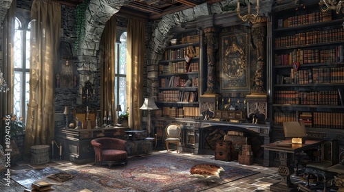 A medieval fantasy study room with stone walls, tapestry curtains, and antique furniture.