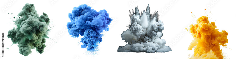 Collection of colorful smokes explosions and blast isolated on transparent or white background Collection of colorful smokes explosions and blast isolated on transparent or white background