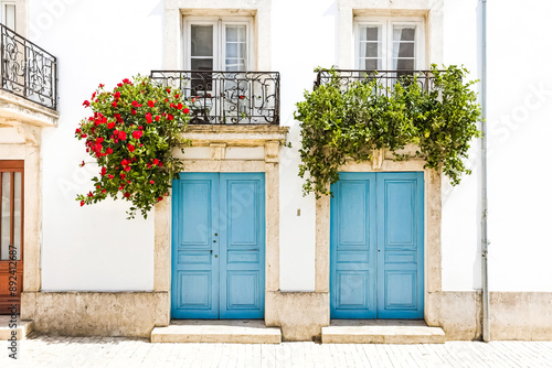 Blue Doors with Red Flowers on a White Building © Rysak