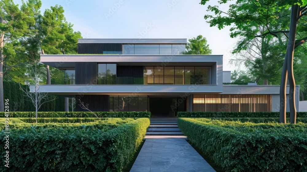 Front view of a minimalist luxury home with sharp geometric lines, surrounded by a carefully manicured hedge Front view of a minimalist luxury home with sharp geometric lines, surrounded by a carefully manicured hedge