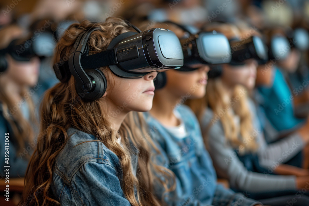Children in a classroom interact with virtual reality technology, wearing VR glasses Children in a classroom interact with virtual reality technology, wearing VR glasses