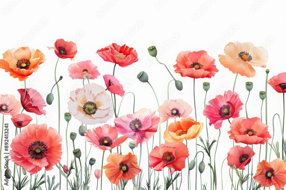 Fototapeta premium Watercolor Painting of Red, Pink, and Orange Poppies
