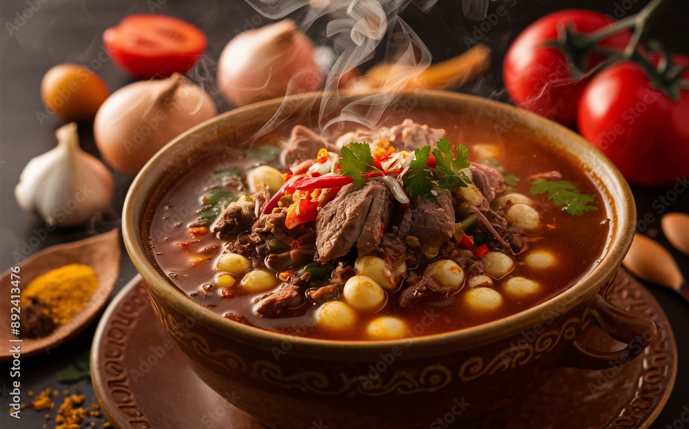 Pozole smoky with Mexican background Pozole smoky with Mexican background