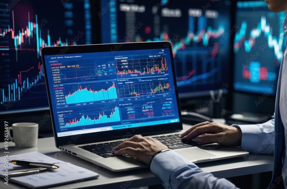 Businessman analyzing financial data and stock market graphs on laptop screen Businessman analyzing financial data and stock market graphs on laptop screen