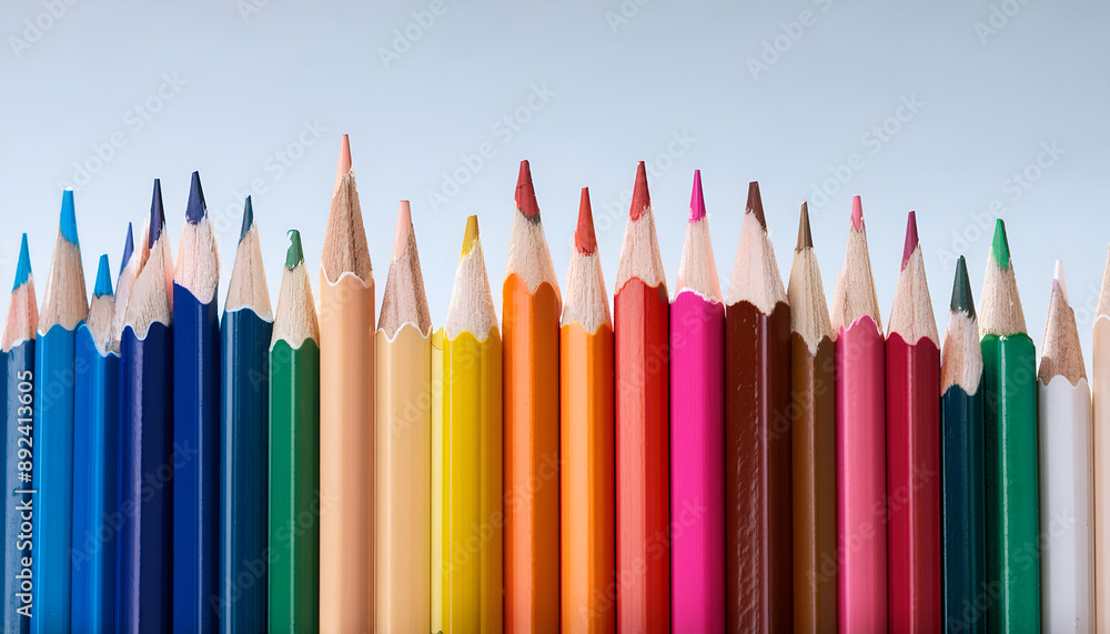 A Row of Colorful Wooden Pencils Pointed Upward Against a Light Blue Background A Row of Colorful Wooden Pencils Pointed Upward Against a Light Blue Background