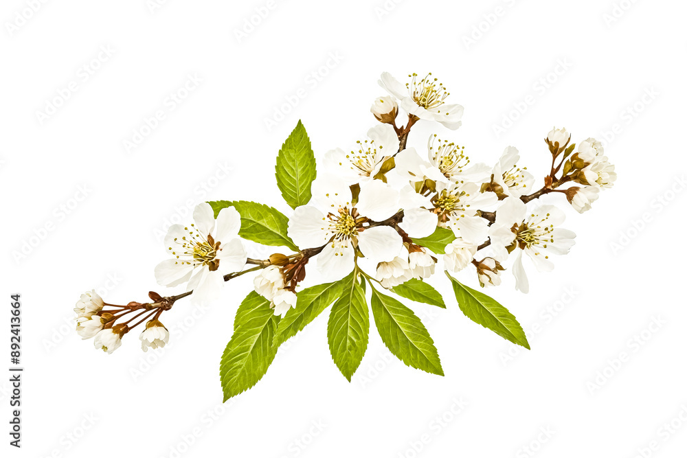 Fototapeta premium Blooming Cherry Branch With White Flowers and Green Leaves