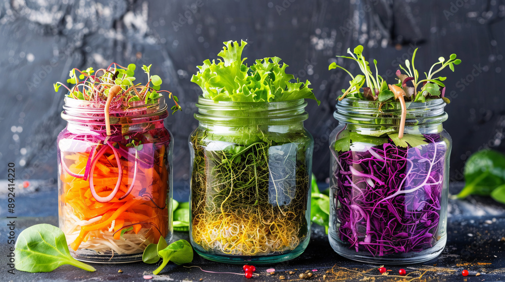 Colorful variety of fresh sprouts in mason jar salads Colorful variety of fresh sprouts in mason jar salads