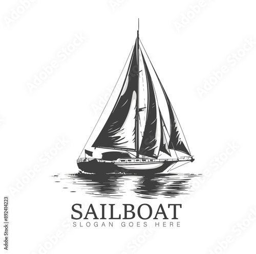 Black and white sketch of sailboat with text Sailboat and a tagline ,sailboat logo ,generative ai