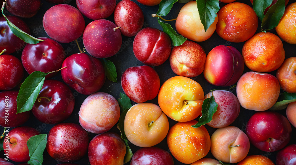 Colorful variety of fresh stone fruits arranged on a table Colorful variety of fresh stone fruits arranged on a table