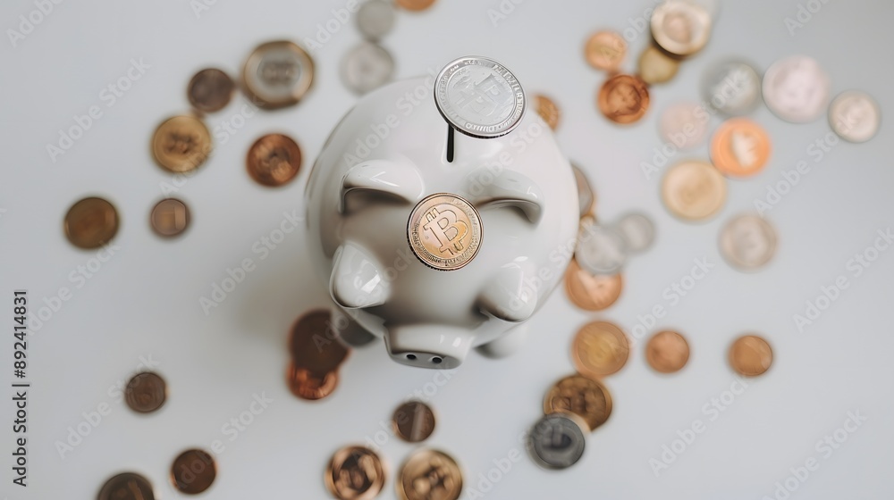 Coins falling to white piggy saving , Financial and money deposit concept. Coins falling to white piggy saving , Financial and money deposit concept.