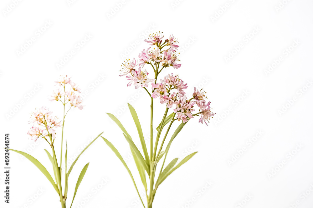 Pink flowers with green stems and leaves on a white background Pink flowers with green stems and leaves on a white background