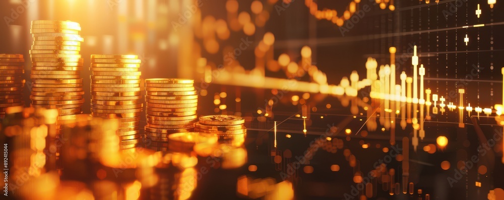 Obraz premium Piles of gold coins with a stock market graph in the background, symbolizing financial growth. Free copy space for text.