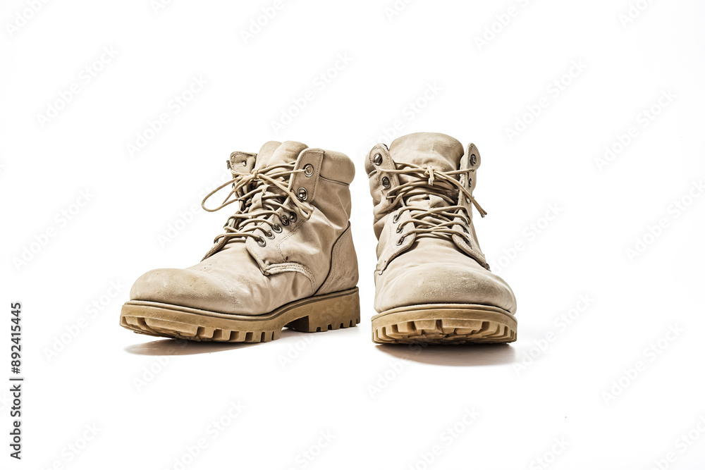 Pair of beige work boots on white background Pair of beige work boots on white background