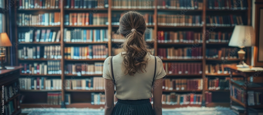 Young Woman Standing In Front of Bookshelves Young Woman Standing In Front of Bookshelves