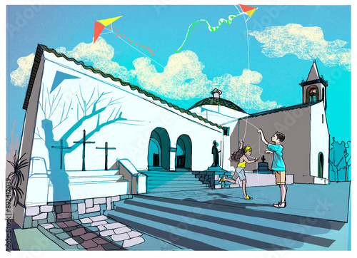 Children flying kites in church square in Ibiza 