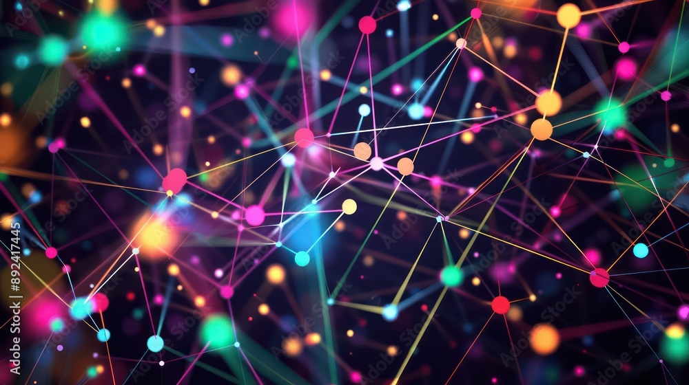 Obraz premium array of multicolored dots connected by vibrant lines, creating a lively plexus with a central blank area for text